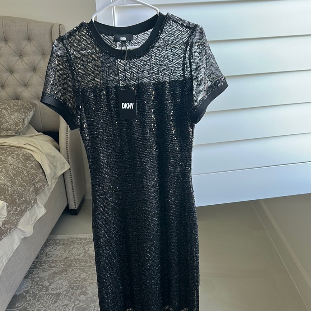 DKNY Black Sheath sequined Midi Dress Crew Neck Short Sleeve